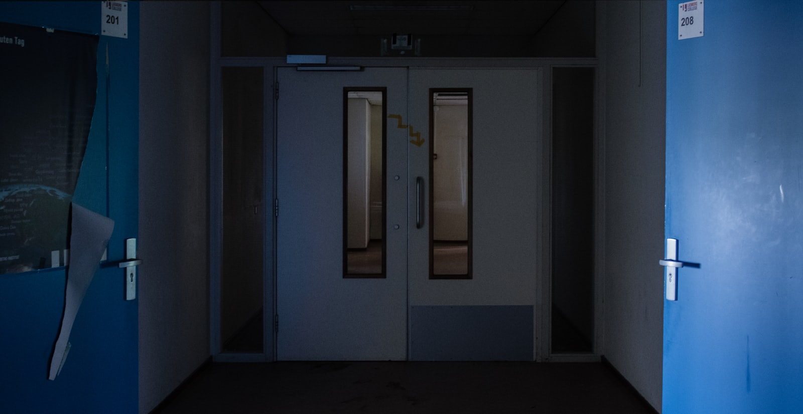 An empty corridor lit through the night