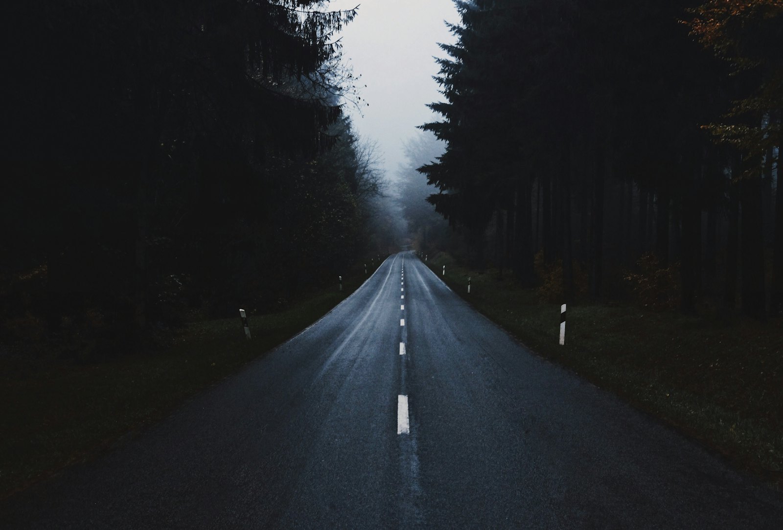 An empty road at first light, headlights on